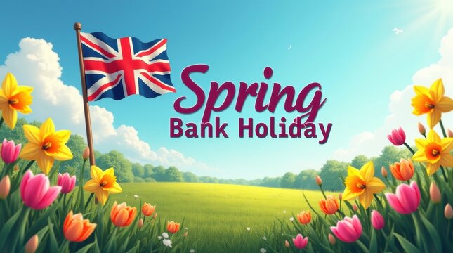 Spring bank holiday celebration with union jack flag and blooming flowers