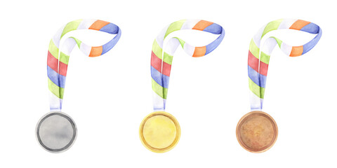Gold silver and bronze medals watercolor illustration