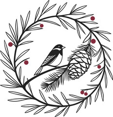 Fototapeta premium Hand-drawn winter holiday wreath with bird, pinecone, and berries