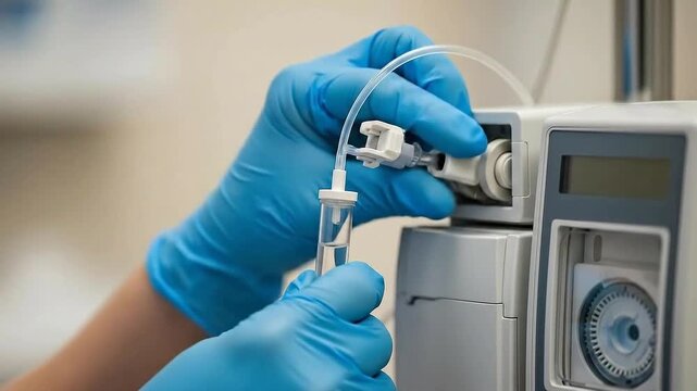 Medical Professional in Blue Gloves Adjusts Infusion Pump Tubing for Precise Fluid Delivery in Clinical Setting Healthcare Science