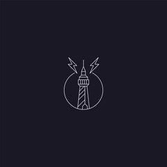 Tower and Lightning line art logo showing power, protection, and energy.