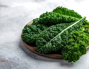Close-up of green, leafy vegetable leaves on a wooden plate