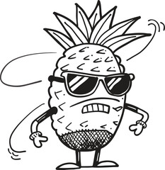 Quirky pineapple character in sunglasses hand drawn doodle art