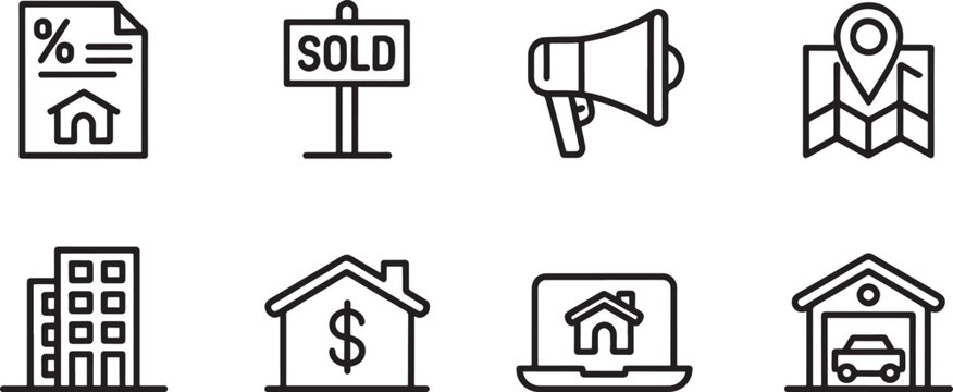 Real Estate Icons Set With House Mortgage Sold Map Megaphone And Building Keywords: real estate - Powered by Adobe