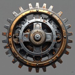 Close-up of intricate, layered mechanical gears with a rusty patina