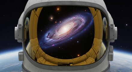 Astronaut's Cosmic View: Galaxy Reflection in Damaged Helmet Visor