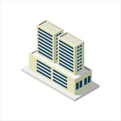 Isometric modern building. Building 3d render illustration with windows and trees, simple icon white colors. home buildings illustrations in 3d dimetric isometric view. Isometric urban city downtown.