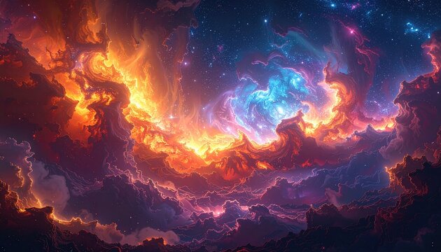 Colorful and dynamic space scene showcasing swirling nebulae with radiant orange, purple, and blue hues, accented by twinkling stars and celestial glow, creating a visually stunning cosmic display.
