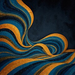 Abstract flowing waves of shimmering gold glitter and deep blue textured fabric against a dark starry night background, evoking a sense of cosmic luxury and elegance