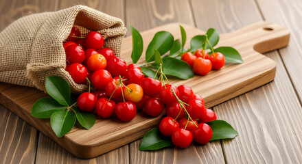 Cherries spilling from a burlap sack 