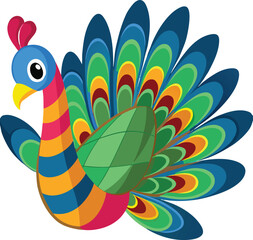 Stylized cartoon peacock with colorful fanned tail, unique design