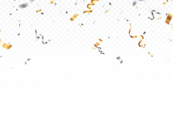 Bursting luxury Gold and silver confetti, streamers, and ribbon banner, isolated on white backgrounds