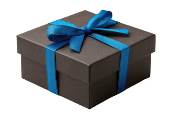 Square box, dark paper, blue satin ribbon, tied in a bow