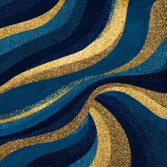 Abstract swirling waves of deep blue and shimmering gold glitter create a luxurious and dynamic background, evoking a sense of elegance and celebration