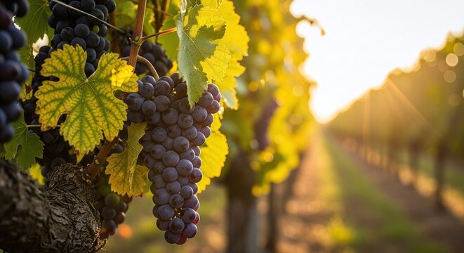 Ripe purple and green grapes hang in a lush bunch on the vine in a sunny vineyard during the autumn harvest - Powered by Adobe