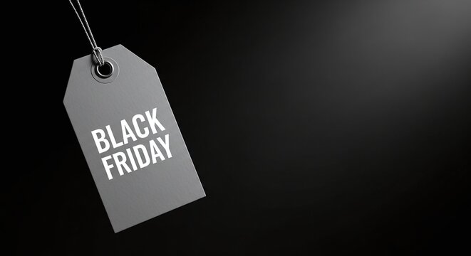 A grey price tag with "BLACK FRIDAY" text on a dark background, symbolizing sales and discounts.