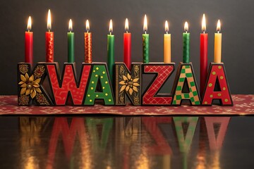 Kwanzaa Candles and Colorful Lettered Spellout Decor for Festive Holiday Table Display

