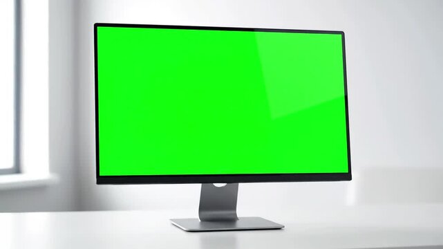 Mockup Screen Office View with computer desktop mock up green white background in zoom shoulder distortion, overlay, glitch, static noise, scan lines on black background, 4k animated video loop
