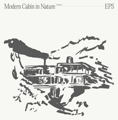 Artwork Depicting a Modern Cabin Nestled in Naturally Beautiful Scenery and Nature