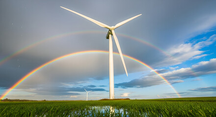 Sustainable Future: Majestic Wind Turbine Under a Double Rainbow in Green Field
