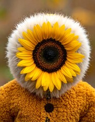 Close-up of person with sunflower head, wearing hooded, fuzzy jacket