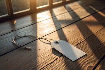 Christmas gift tag mockup with sunbeams on wooden surface