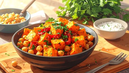 Delicious and Healthy Sweet Potato and Chickpea Curry Dish on Wooden Board