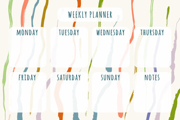 Printable weekly planner. Template with sections for checklists, notes for home, work and  education use. Aesthetic minimalist style.