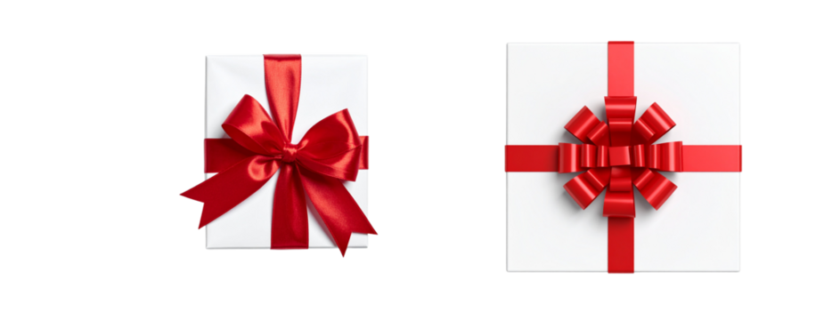 Top View of Elegant White Present Box with Red Bow