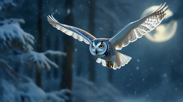 Un b&uacute;ho majestuoso vuela con las alas extendidas sobre un bosque nevado bajo la luz de la luna llena en una noche invernal.