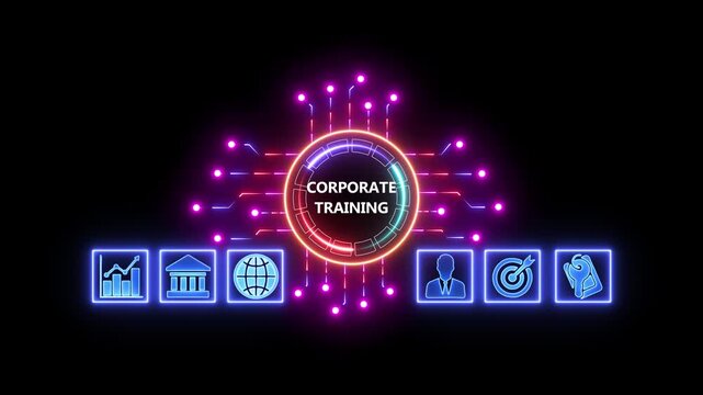 Concept for business CORPORATE TRAINING, management and procedures.Neon Circuit board line connecting with Artificial Intelligence technology concept.business and industrial technology concept. 4k