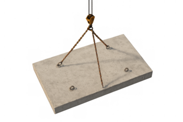 Concrete slab being lifted by a crane hook and sling, moving construction material on transparent background
