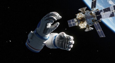 Astronaut's Hands Reaching Towards Satellite in Deep Space, Cosmic Exploration.