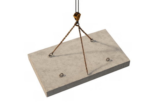 Concrete slab being lifted by a crane hook and sling, moving construction material on transparent background