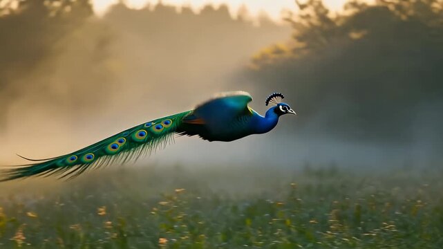Un majestuoso pavo real vuela gr&aacute;cilmente sobre un campo brumoso al amanecer, con su cola vibrante extendida.