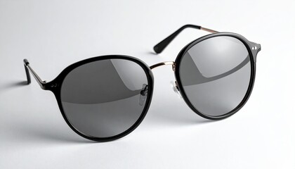 Round-lens sunglasses, black frame, gray lenses on white