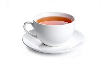 White cup filled with tea, on a white saucer, simple