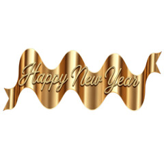 Golden ribbon with happy new year text elegantly curved and isolated on transparent background