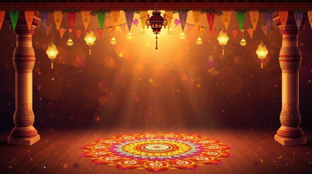 Vibrant rangoli design under festive lights and garlands