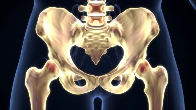 Animated Pelvic Bone and Femur Anatomy Visualization on Dark Background