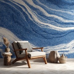 Abstract blue and white swirling pattern wallpaper design, creating a dynamic and fluid visual effect, perfect for modern interior decoration