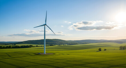 Renewable Wind Energy Turbine on Hilltop Against Blue Sky