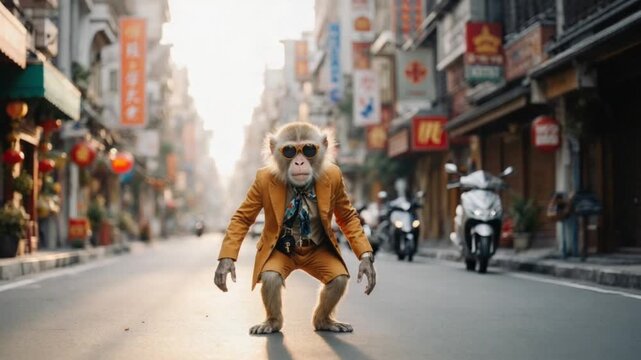 A stylish monkey in a suit and sunglasses crouches on a bustling city street.