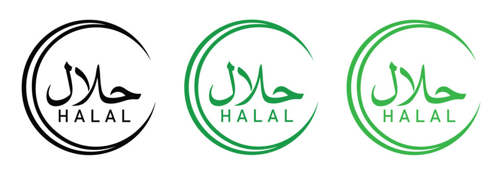 Halal food sign collection, certified vector labels set, Islamic compliance icons, Muslim dietary standards, restaurant badge variety, isolated product graphic, lawful seal