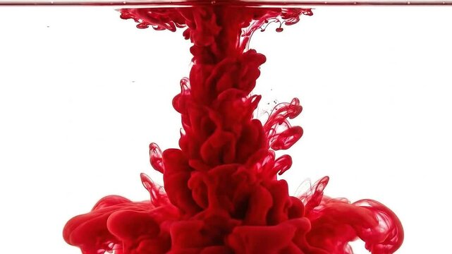 Vibrant crimson red ink swirling and dissolving in clear water creating abstract fluid motion patterns against a stark white background captured in high definition