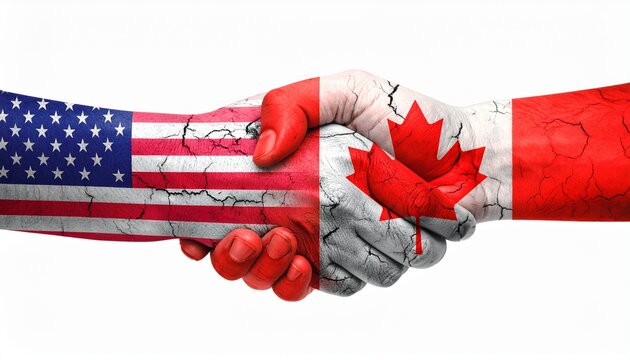 Handshake between Canadian and American flag-painted hands, symbolizing international partnership and diplomacy.
