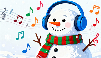 Snowman wearing headphones listening to music standing in the snow during a winter Christmas.