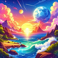 Dreamy landscape with planets, ocean, mountains, bright colors