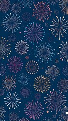 Colorful firework illustrations against a dark blue background