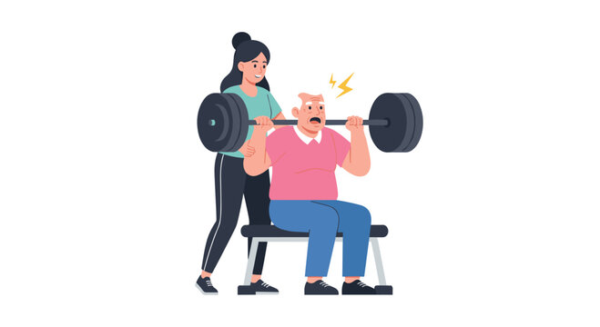 Intense senior weightlifting with attentive trainer, showcasing determination and healthy aging, supported by professional care and fitness